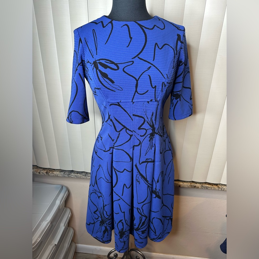 Julián Taylor Blue Black Geometric Floral Print Pleated Poplin Dress Size 8